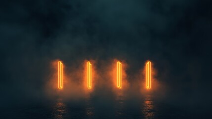 A dramatic scene of glowing orange neon pillars illuminated through thick fog, creating a mysterious and futuristic atmosphere.