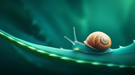  a snail on a fresh Aloe Vera leaf, with bright, clear colors and natural light