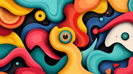 A psychedelic collage with vibrant, swirling colors and funky cartoon characters