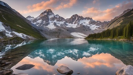 serene mountain landscape, crystal-clear lake, lake reflecting mountains, snow-covered peaks, mountain scenery, tranquil nature, peaceful mountains, alpine landscape, lake reflection, scenic mountain 