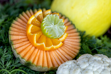 Cantaloupe melon carved into a zigzag shape with an orange and lime on top; fruit; ridges; zigzag pattern