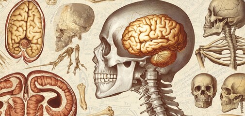 A scientific collage of vintage anatomy engravings, showing detailed human organs and skeletal structures