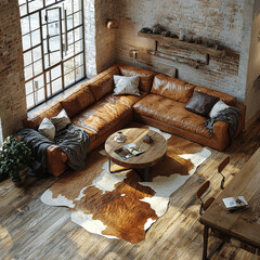A large, brown leather sectional sofa with throw pillows sits in a loft space.