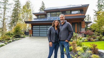 Fototapeta premium The couple smiles as they pose outside their contemporary home featuring solar panels, well-designed landscaping, and a clear blue sky overhead