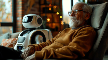 An older man using telepresence robot to attend family gathering, showcasing blend of technology and human connection. scene evokes warmth and comfort in cozy environment