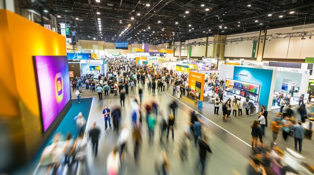 A diverse crowd moves through an expansive exhibition hall, exploring numerous vendor booths and networking at an annual trade show, showcasing vibrant displays and presentations