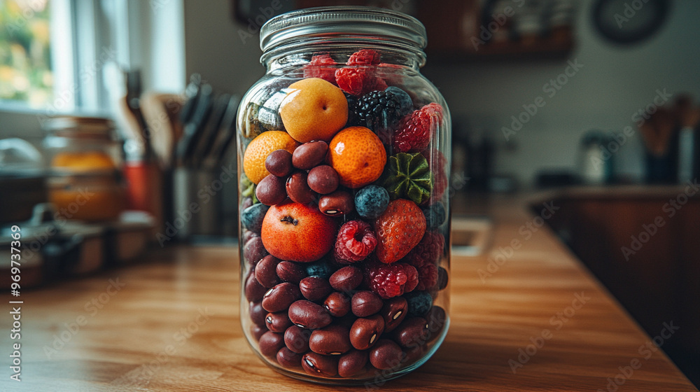 Wall mural transparent glass pill-shaped capsule filled with colorful assorted fruits. Symbolizing health, vitality, and the fusion of nature with modern wellness