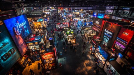 Crowds navigate through a busy technology expo, engaging with colorful booths displaying cutting-edge products and interactive installations throughout the event
