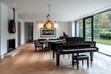large living room with black piano, dining table and chairs, wood floor in light brown herringbone pattern