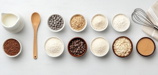 Overhead view of baking ingredients in bowls including flour oats chocolate chips and peanut butter on a white wooden surface