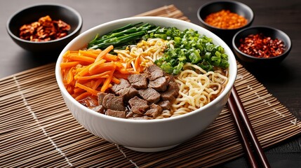 Fototapeta premium Overhead View of Beef Noodle Soup with Chopsticks and Chili Flakes on a Bamboo Mat