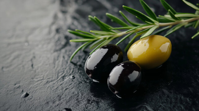 Black and green olives, including the tasty Bella di Cerignola variety, rest on a black countertop, alongside a sprig of rosemary. Perfect for a culinary advertisement.