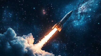 Naklejka premium A rocket soaring into space, leaving trails of smoke against a starry night sky