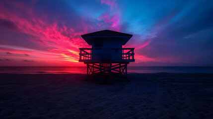 The Sun Setting Over Beach With Lifeguard