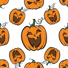 Seamless pattern with pumpkins and frogs, graphics with colored elements. Pumpkins with different emotions. Print for wrapping paper, textiles, poster, gift paper