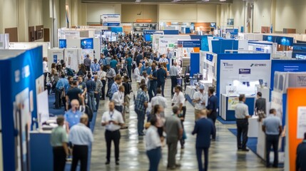 A variety of professionals participate in conversations and networking at a trade show, surrounded by numerous booths showcasing products and services