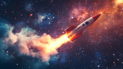 Rocket launches into the cosmos showcasing sustainable development in a retro style