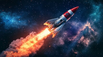 Fototapeta premium A rocket ascends through the cosmos, leaving behind a trail of smoke
