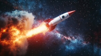 Obraz premium Space rocket soaring through galaxies, promoting sustainable development and innovation