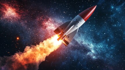 Rocket launches into deep space with fiery propulsion, exploring galaxies and stars