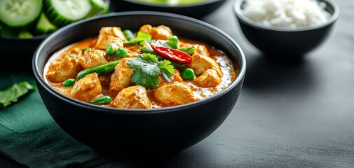 Closeup of Chicken Curry in Black Bowl with Green Garnish and Red Chili Delicious Asian Cuisine Food Photography Shallow Depth of Field