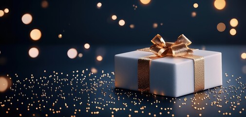 A beautifully wrapped gift box with a shiny bow, surrounded by sparkling lights, perfect for celebrations and special occasions. 3D