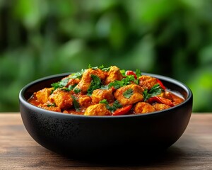 Closeup of Spicy Chicken Curry in Black Bowl Against Green Background Aromatic Delicious