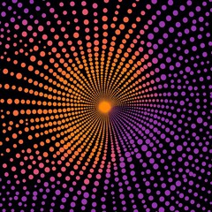 Obraz premium Dynamic orange and purple halftone dots create an abstract swirl pattern on a black background