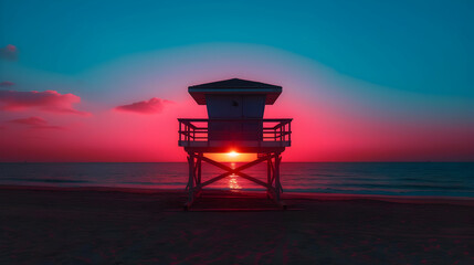 The Sun Setting Over Beach With Lifeguard