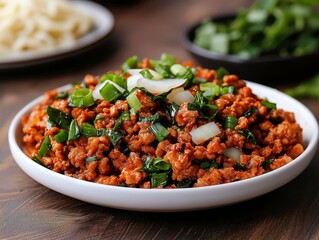 Closeup of Spicy Ground Pork with Green Onions and White Onions in a White Bowl on a Rustic Wood Tabletop