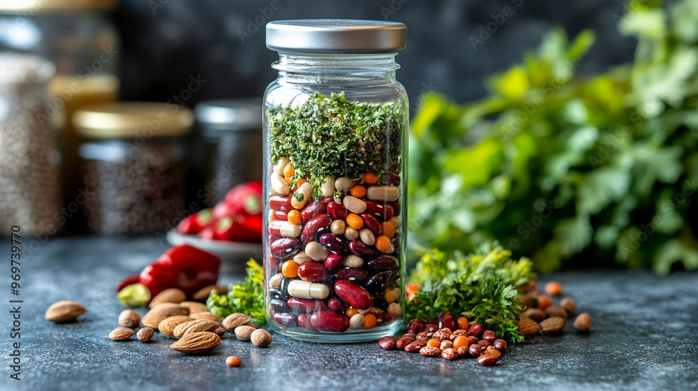 Canvas Prints transparent glass pill-shaped capsule filled with colorful assorted fruits. Symbolizing health, vitality, and the fusion of nature with modern wellness