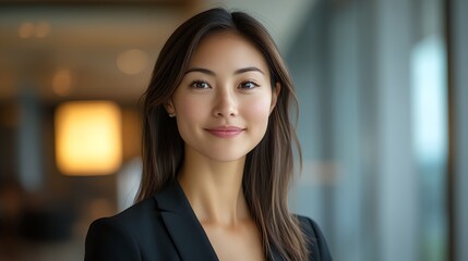 Fototapeta premium a woman in a suit smiling at the camera with a blurry background of a building and a hallway