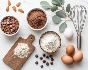 Flat Lay of Baking Ingredients Flour Cocoa Chocolate Chips Eggs and a Whisk on White Marble Background