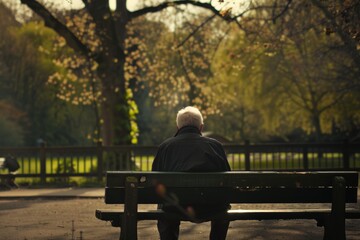 Fototapeta premium Elderly Man Alone on Park Bench Amid Autumn Trees Reflecting Isolation and Peacefulness