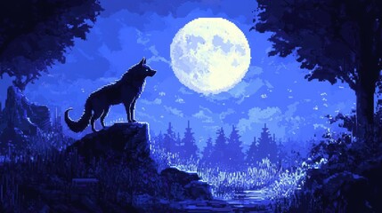 A wolf standing on a rock under a full moon in a serene forest, illuminated by blue night light, creating a mystical and tranquil scene.