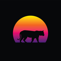 Silhouette of a tiger against a striped retro sunset. Original vector illustration in vintage style isolated on light background. T-shirt design.