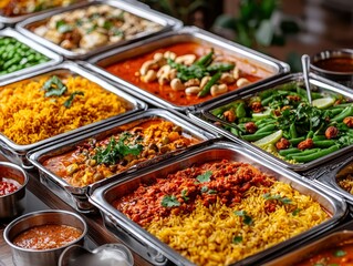 Obraz premium Overhead View of Vibrant Indian Curries and Rice in Stainless Steel Trays Concept of Spice and Flavor