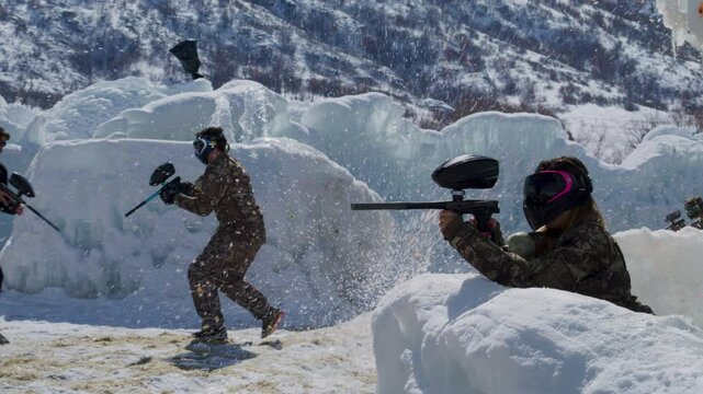 Epic paintball battle in ice place with awesome slow motion - steady cam
