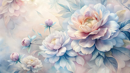 Soft pastel floral painting with peonies and copy space