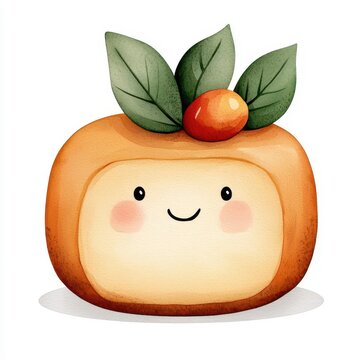 recommend clip art: A single cute Fruitcake with a warm glow and a cheerful expression, watercolor illustration, clipart, isolated on pure white background
