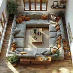 A large, gray sectional sofa surrounds a coffee table in a living room with wood floors.