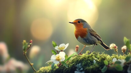 A European Robin Perched Among White Blossoms