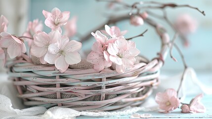 A basket with flowers sits on a table with a white cloth and a blue background, designed with copy space.