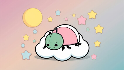 Fototapeta premium Little cartoon beetle sleeping on a cloud, flat design illustration