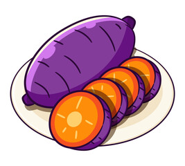 Japanese roasted sweet potatoes illustration vector. Japanese purple sweet potato dessert cartoon icon vector. 
Japanese dessert purple sweet potato dessert vegan. Japanese street food sweet potato.