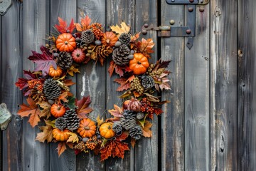Autumn wreath on rustic wooden door