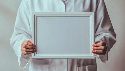 Healthcare Professional In White Coat Holding Empty Mockup Frame Demonstrates Diploma On Grey Background. Subtle And Professional Medical Scene.
