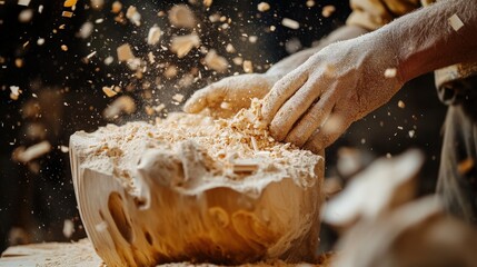 Sawdust fills the air as a skilled craftsman carves a wooden bowl, showcasing the beauty of woodworking in a dedicated workshop, illuminated by soft light