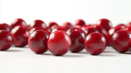 A detailed and realistic close up of fresh, succulent cranberries set against a pure white backdrop. The realistic style emphasizes the smooth surface and rich red color of the
