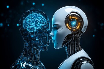Thought process AI evolution intelligence mental mapping and signal transmission human and robot facing each other with illuminated neural networks symbolizing ai human interaction